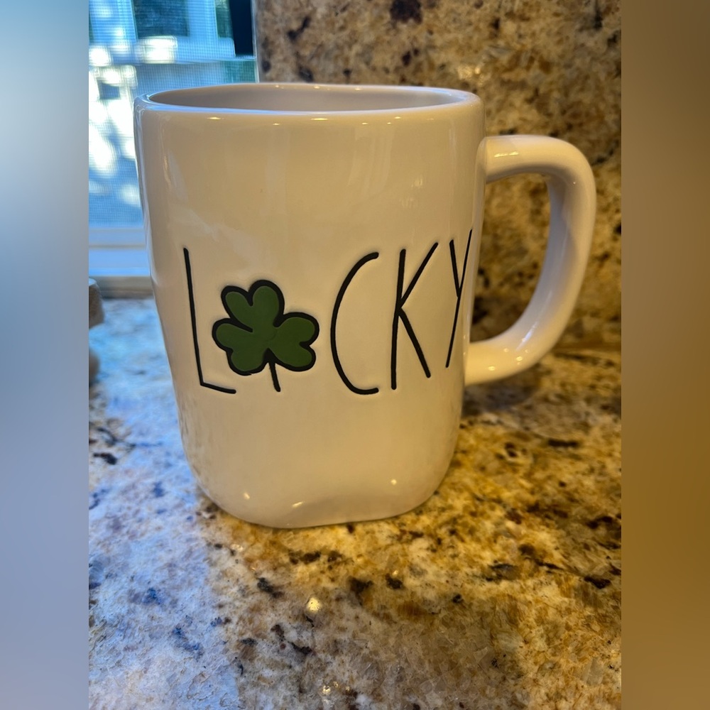 Rae Dunn White Mug with Green Clover St Patrick’s Day Lucky Text